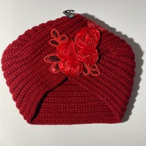 Red Holiday ribbed Sweater Hat ~ Embroidered in Satin Trim New with tags